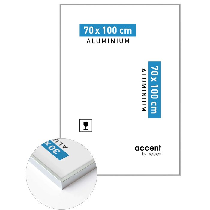 Aluminium Bilderrahmen Accent, 70 x 100 cm, Silber, matt, Glas