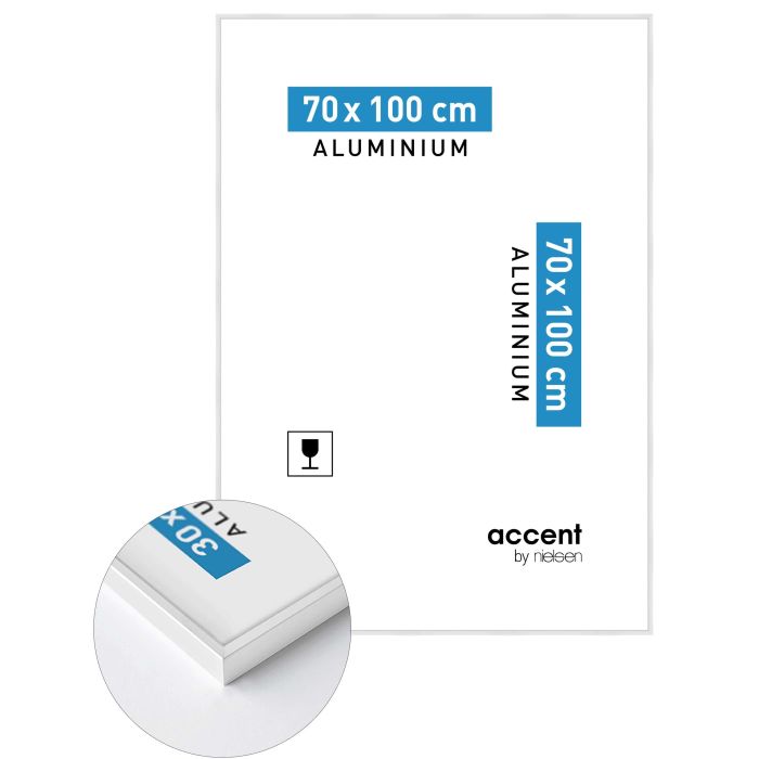 Aluminium Bilderrahmen Accent, 70 x 100 cm, Weiß, glänzend, Glas