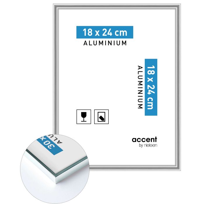 Aluminium Bilderrahmen Accent, 18 x 24 cm, Silber, glänzend, Glas