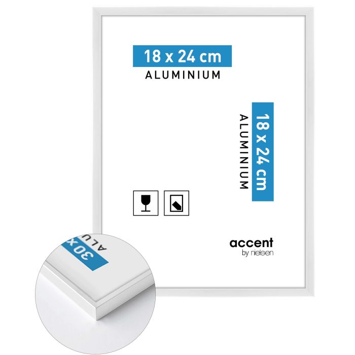 Aluminium Bilderrahmen Accent, 18 x 24 cm, Weiß, glänzend, Glas