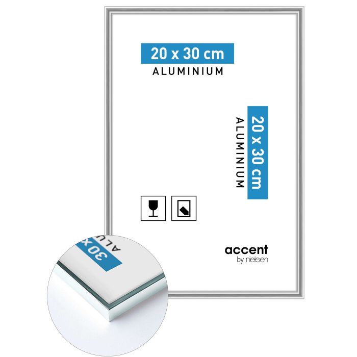 Aluminium Bilderrahmen Accent, 20 x 30 cm, Silber, glänzend, Glas