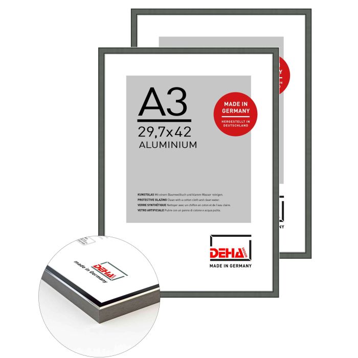 Aluminium Bilderrahmen Boston, 29,7 x 42 cm (A3) (2er Set), Grau, glänzend, Kunstglas