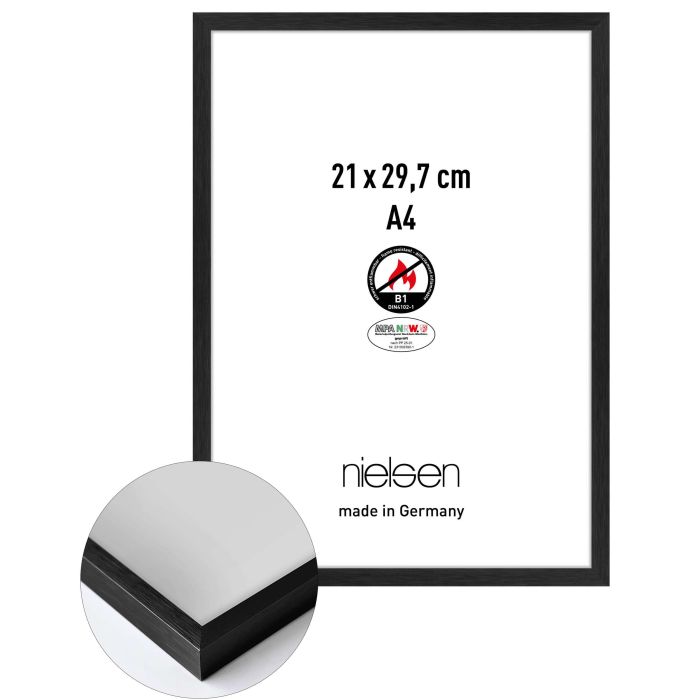 Aluminium Bilderrahmen C2-B1, 21 x 29,7 cm (A4), Schwarz, gebürstet, Glas