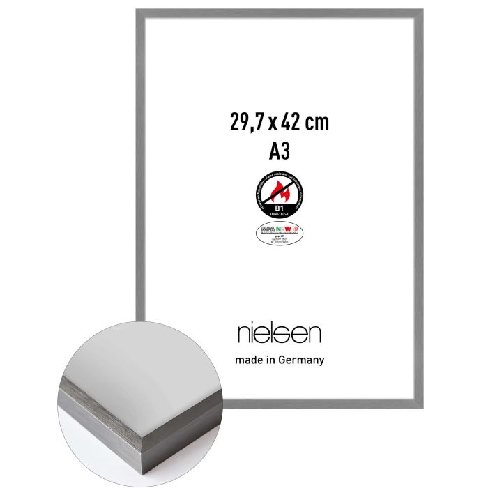 Aluminium Bilderrahmen C2-B1, 29,7 x 42 cm (A3), Grau, gebürstet, Glas