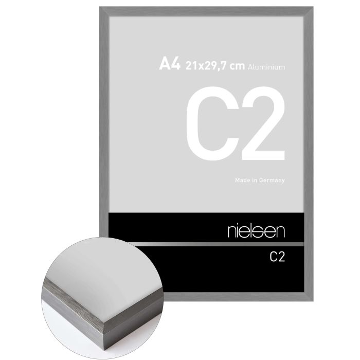 Aluminium Bilderrahmen C2, 21 x 29,7 cm (A4), Grau, gebürstet, Glas