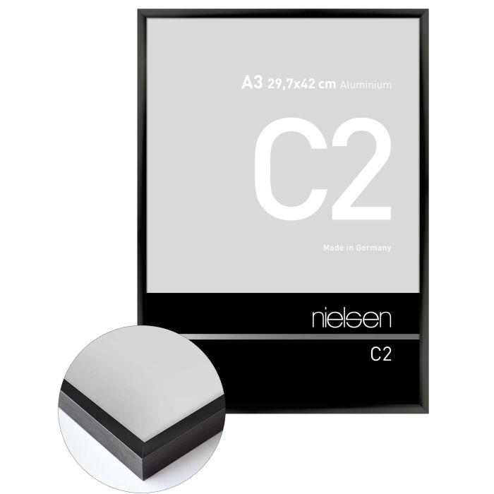 Aluminium Bilderrahmen C2, 29,7 x 42 cm (A3), Schwarz, glänzend, Glas
