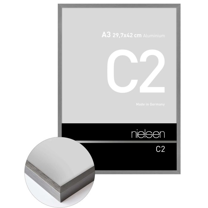 Aluminium Bilderrahmen C2, 29,7 x 42 cm (A3), Grau, gebürstet, Glas