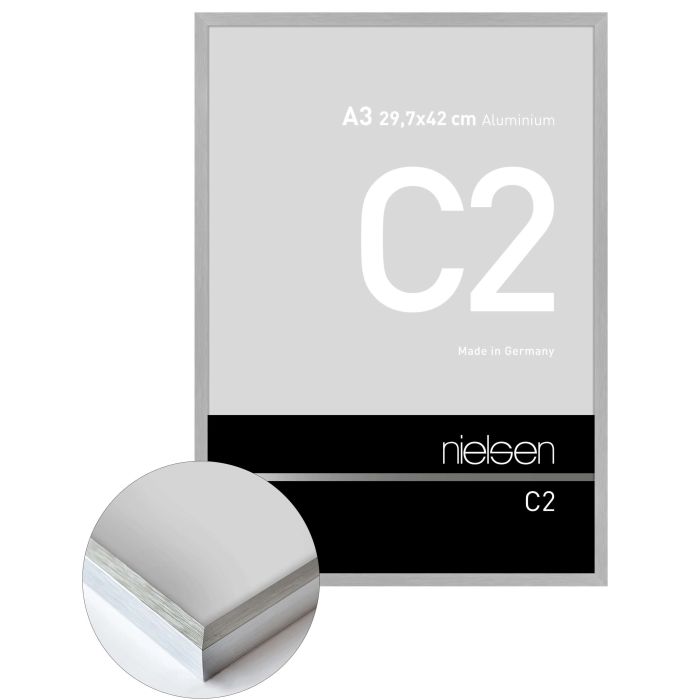 Aluminium Bilderrahmen C2, 29,7 x 42 cm (A3), Silber, gebürstet, Glas