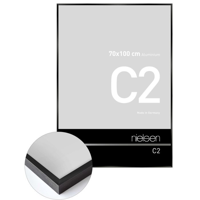 Aluminium Bilderrahmen C2, 70 x 100 cm, Schwarz, glänzend, Glas