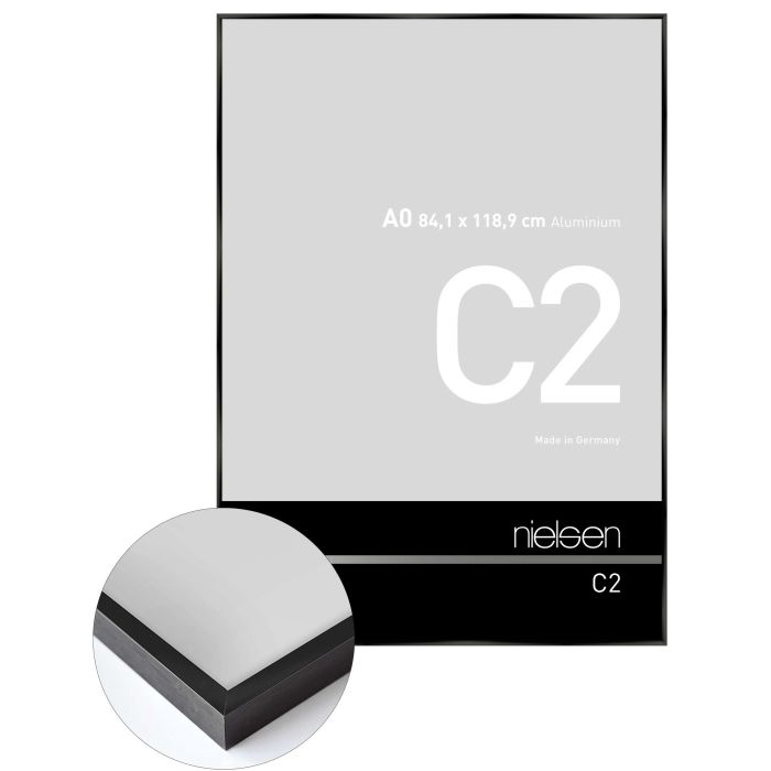 Aluminium Bilderrahmen C2, 84,1 x 118,9 cm (A0), Schwarz, glänzend, Glas