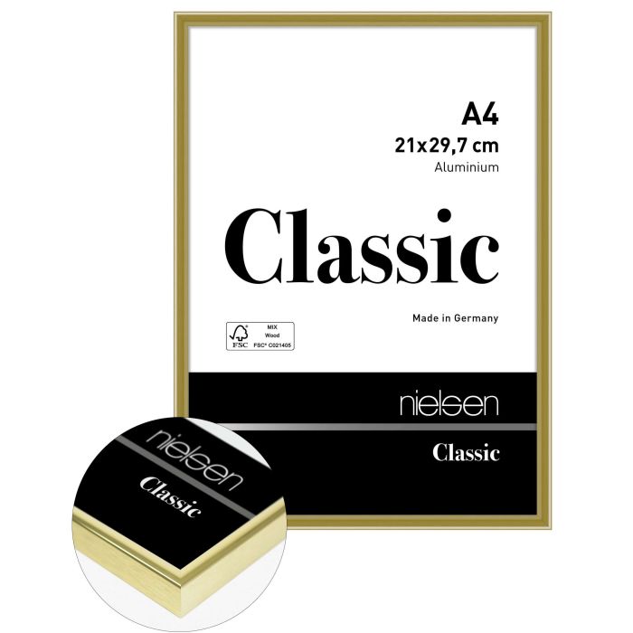 Aluminium Bilderrahmen Classic, 21 x 29,7 cm (A4), Gold, glänzend, Glas