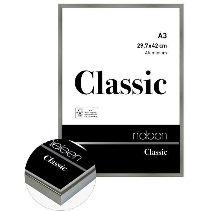 Aluminium Bilderrahmen Classic, 29,7 x 42 cm (A3), Grau, matt, Glas