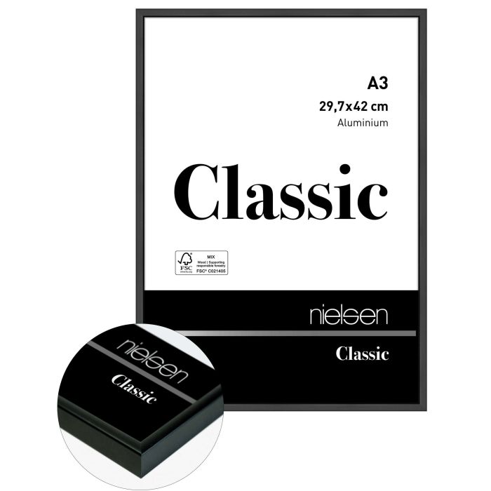 Aluminium Bilderrahmen Classic, 29,7 x 42 cm (A3), Schwarz, matt, Glas