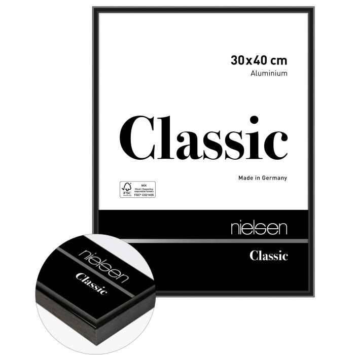 Aluminium Bilderrahmen Classic, 30 x 40 cm, Schwarz, glänzend, Glas