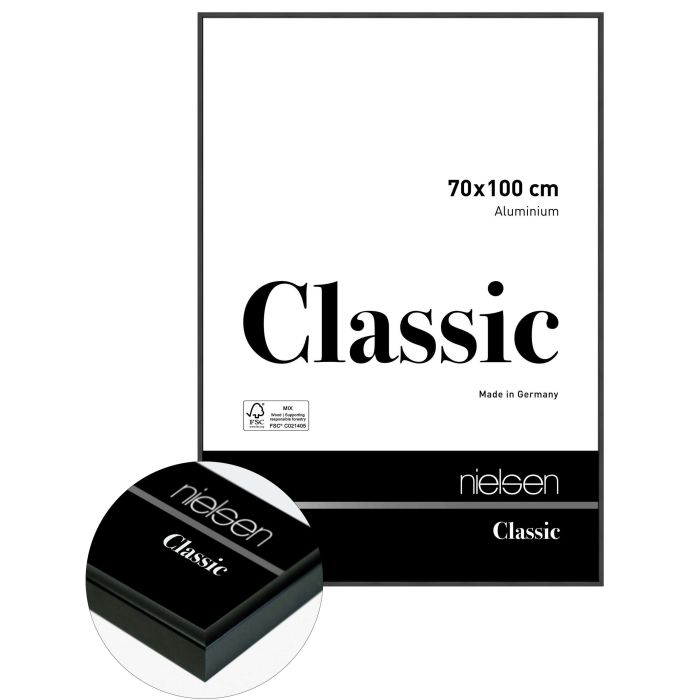 Aluminium Bilderrahmen Classic, 70 x 100 cm, Schwarz, matt, Glas