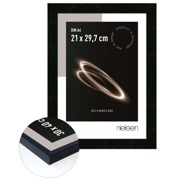 Holz Bilderrahmen Essential, 21 x 29,7 cm (A4), Schwarz, matt, Glas