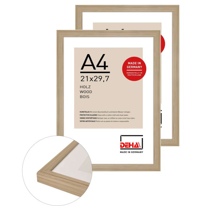 Holz Bilderrahmen Fontana, 21 x 29,7 cm (A4) (2er Set), Hellbraun, matt, Kunstglas