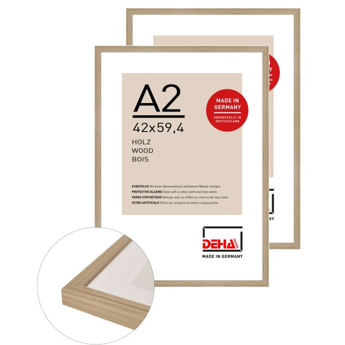 Holz Bilderrahmen Fontana, 42 x 59,4 cm (A2) (2er Set), Hellbraun, matt, Kunstglas