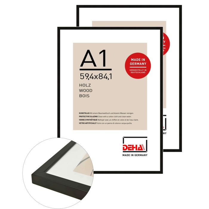 Holz Bilderrahmen Fontana, 59,4 x 84,1 cm (A1) (2er Set), Schwarz, matt, Kunstglas