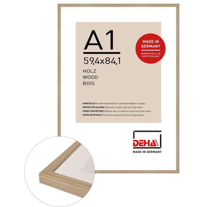 Holz Bilderrahmen Fontana, 59,4 x 84,1 cm (A1), Hellbraun, matt, Kunstglas