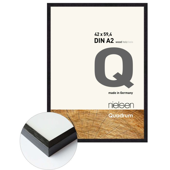Holz Bilderrahmen Quadrum, 42 x 59,4 cm (A2), Schwarz, gebürstet, Glas
