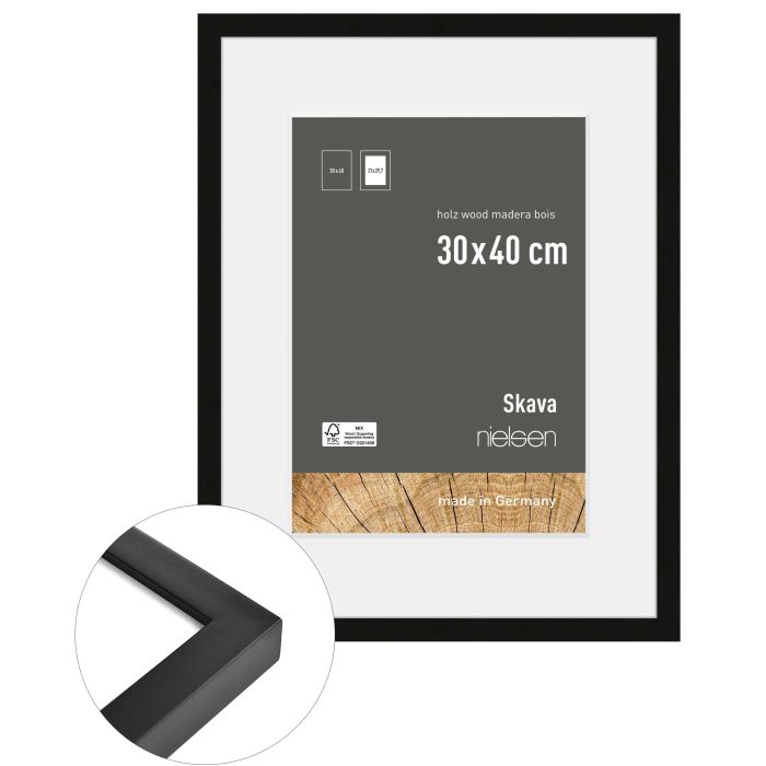 Holz Bilderrahmen Skava, 30 x 40 cm, Schwarz, matt, Glas