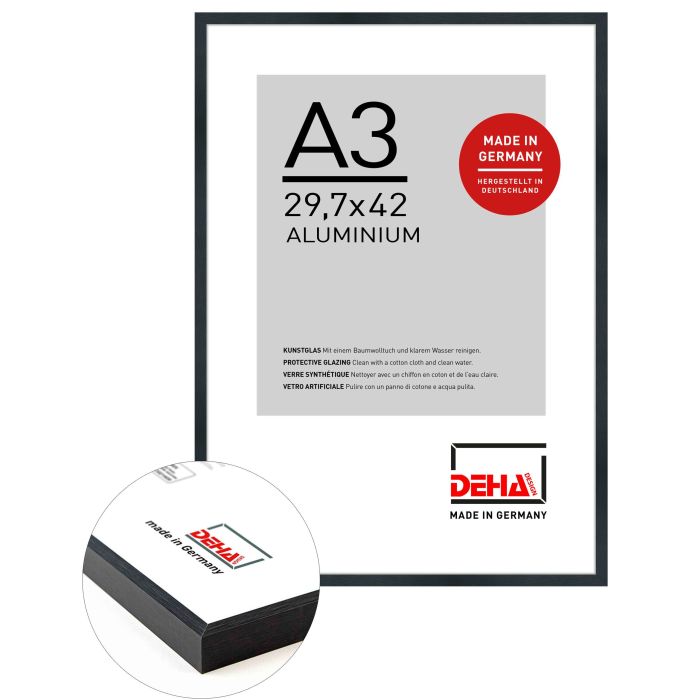Aluminium Bilderrahmen Tribeca, 29,7 x 42 cm (A3), Schwarz, gebürstet, Kunstglas