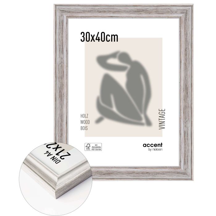 Holz Bilderrahmen Vintage, 30 x 40 cm, Weiß, gebürstet, Glas