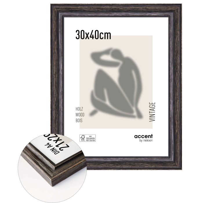 Holz Bilderrahmen Vintage, 30 x 40 cm, Schwarz, gebürstet, Glas