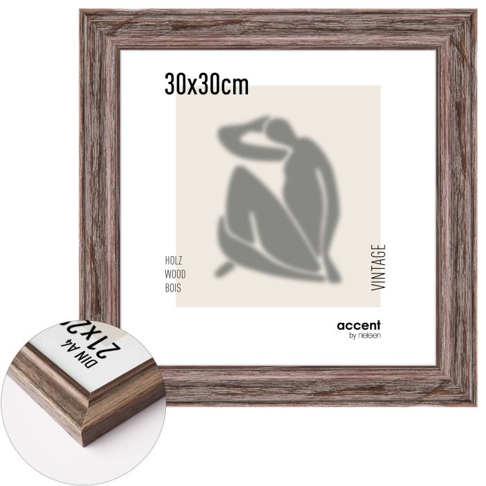 Holz Bilderrahmen Vintage, 30 x 30 cm, Braun, gebürstet, Glas