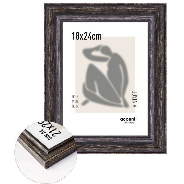 Holz Bilderrahmen Vintage, 18 x 24 cm, Schwarz, gebürstet, Glas