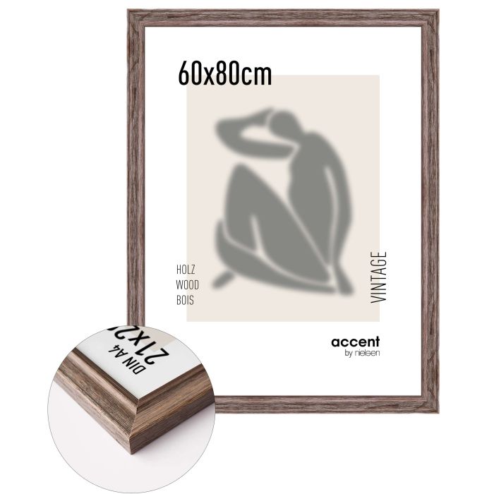 Holz Bilderrahmen Vintage, 60 x 80 cm, Braun, gebürstet, Glas