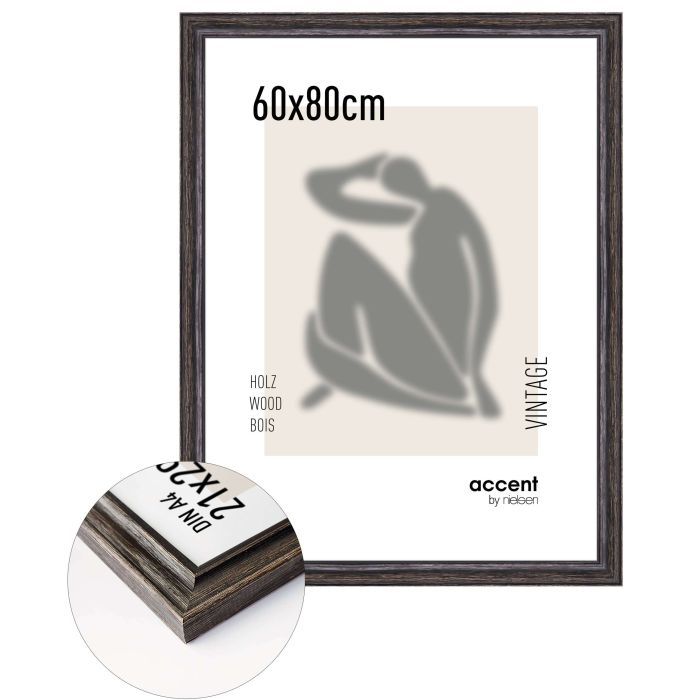 Holz Bilderrahmen Vintage, 60 x 80 cm, Schwarz, gebürstet, Glas