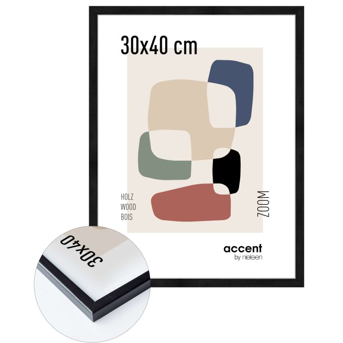 Holz Bilderrahmen Zoom, 30 x 40 cm, Schwarz, matt, Glas